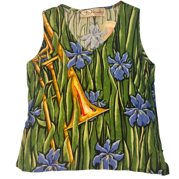 BayouWear Tank Top Irises Horns  Sleeveless New Orleans Jazz Fest  Purple Green - Picture 1 of 9